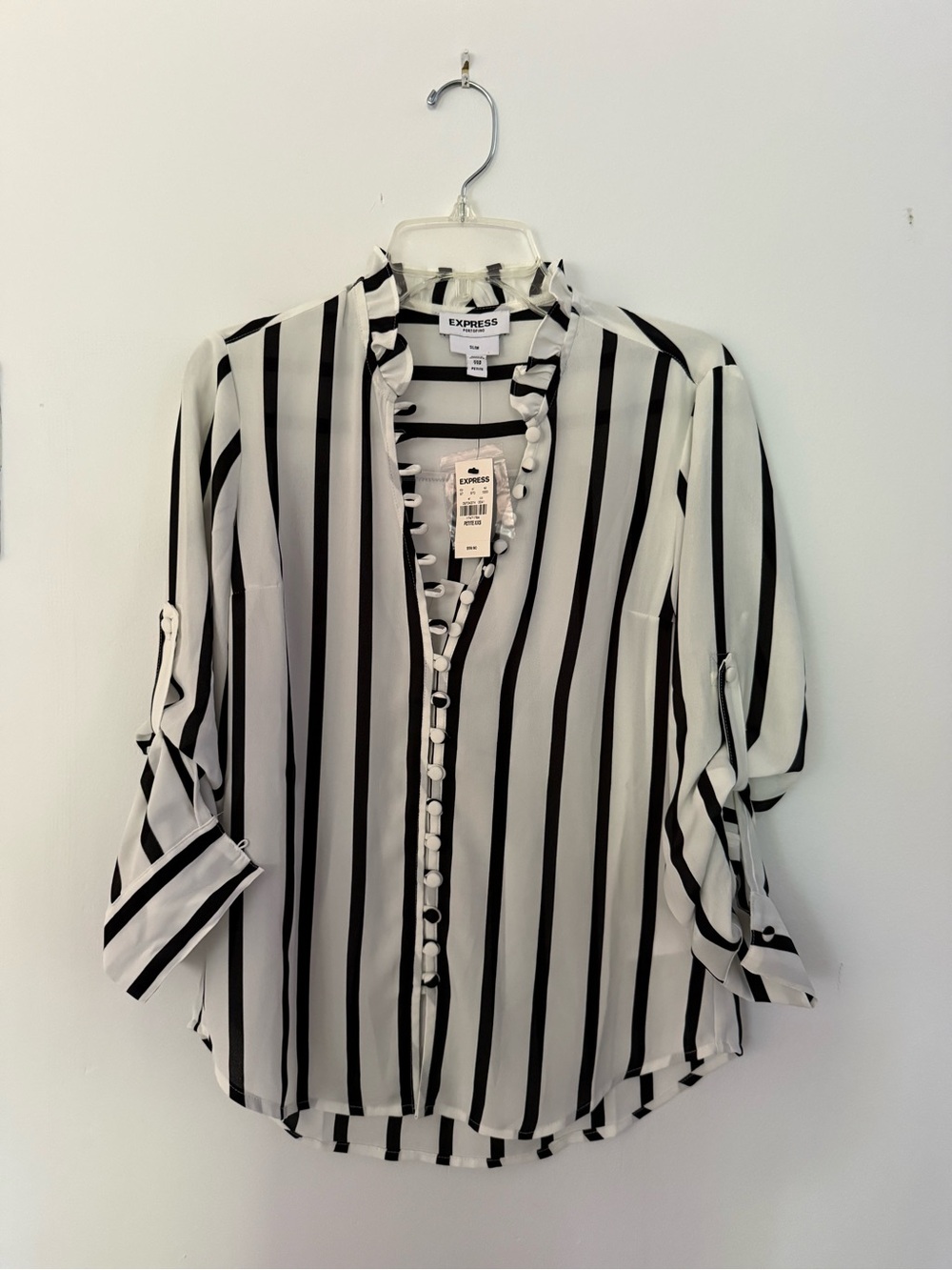 Express Black & White Vertical Stripe Button-Front Blouse - portofino slim fit
